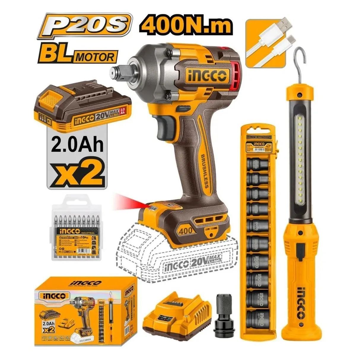 INGCO - Llave De Impacto 12 Ingco 20V 400Nm Brushless + Linterna Led
