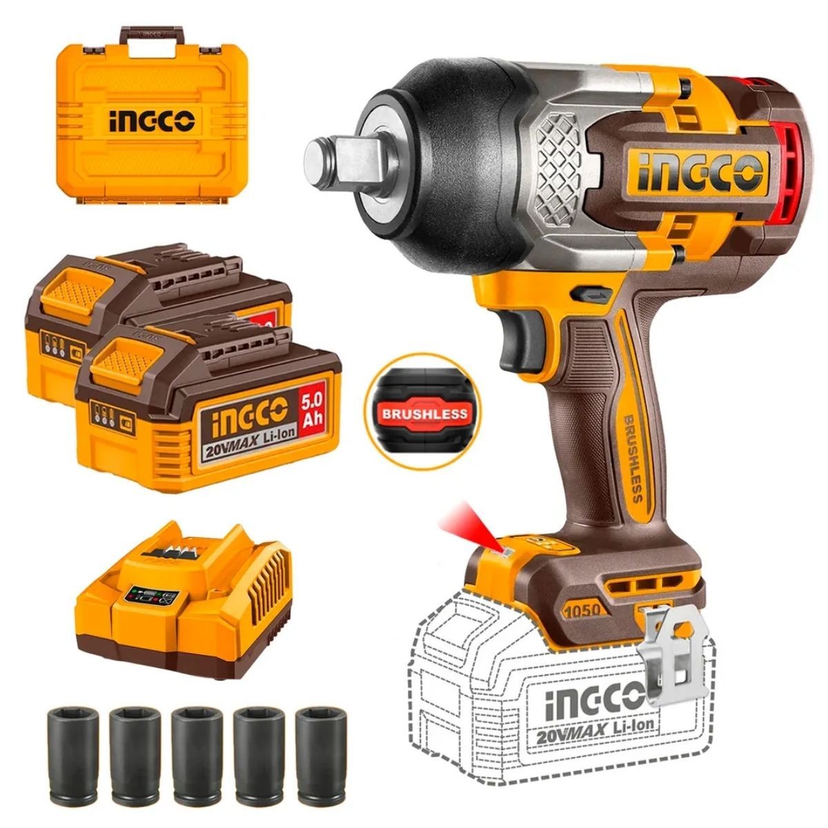 INGCO - Llave de Impacto INGCO 34 20V 1050Nm Bl + 2 Bat CIWLI20105