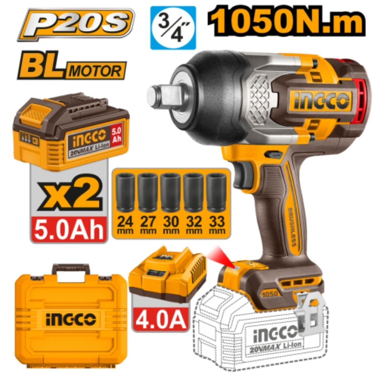 INGCO - Llave de Impacto INGCO 34 20V 1050Nm Bl + 2 Bat CIWLI20105