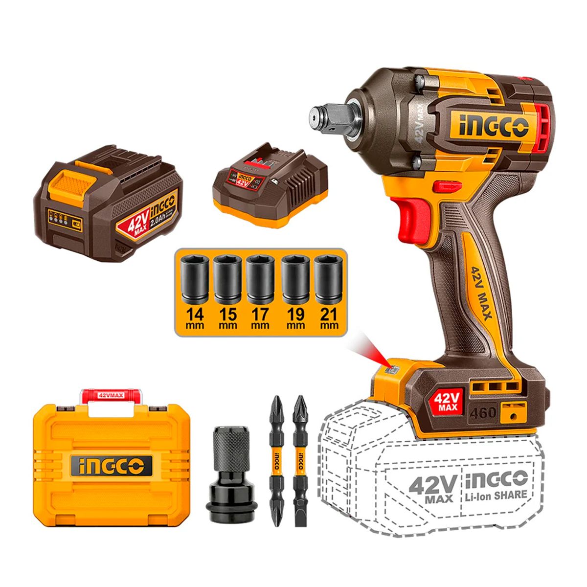 INGCO - Llave de Impacto 12 460Nm 42V Brushless 2Ah CIWLI42461