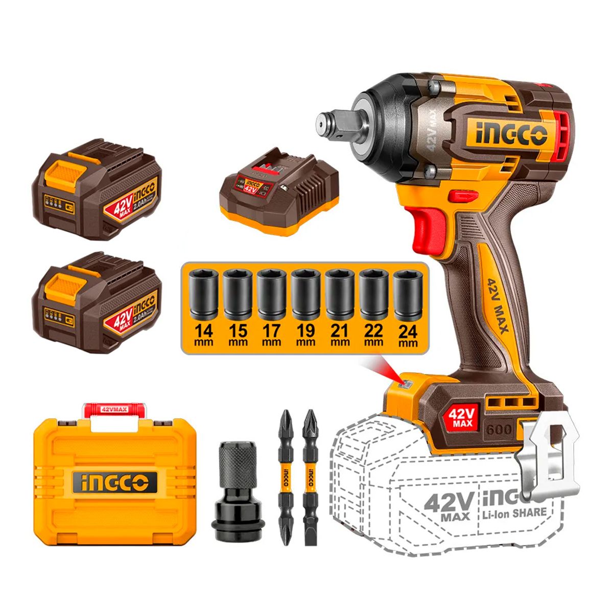 INGCO - Llave de Impacto 12 600Nm 42V Brushless 2Ah x2 CIWLI42602