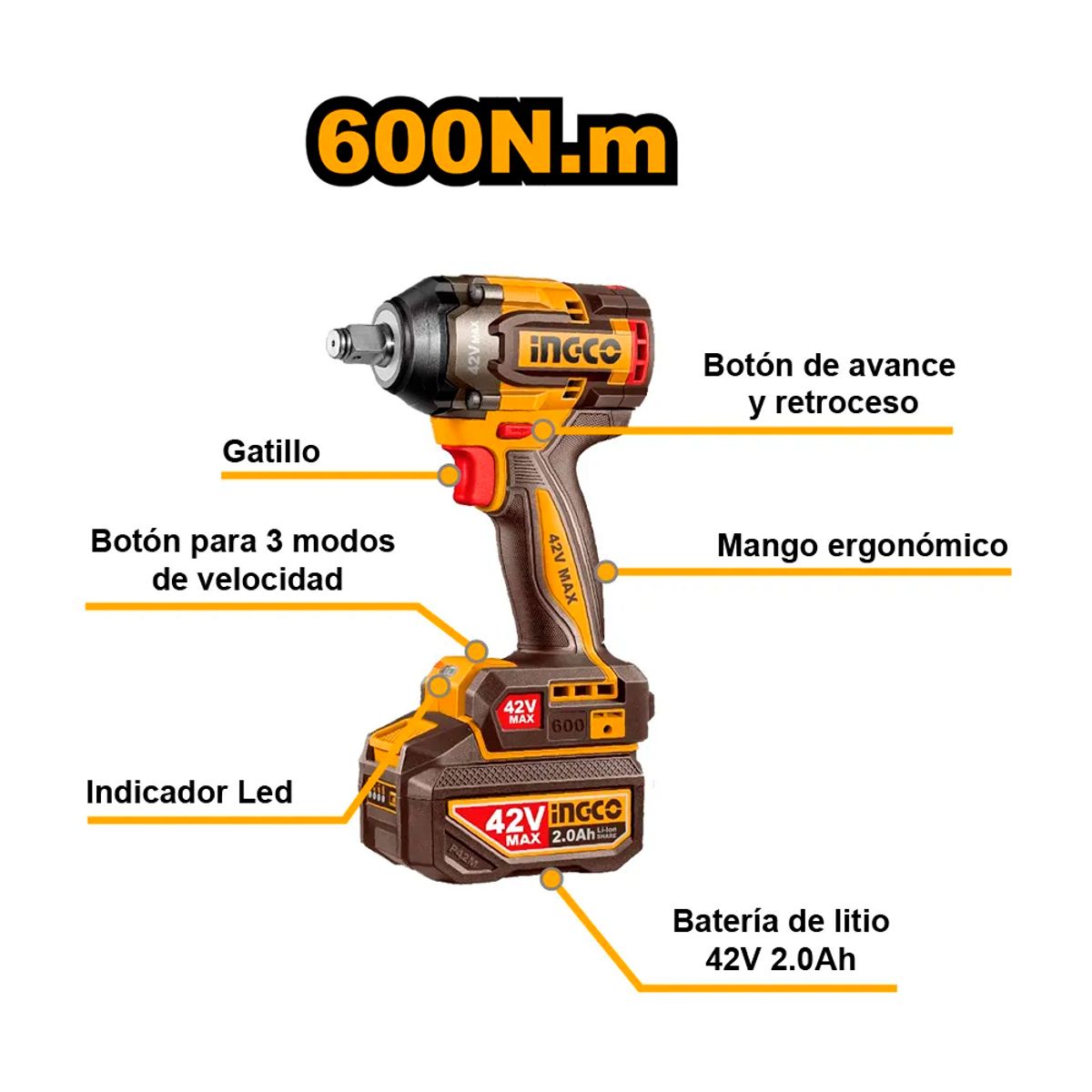 INGCO - Llave de Impacto 12 600Nm 42V Brushless 2Ah x2 CIWLI42602