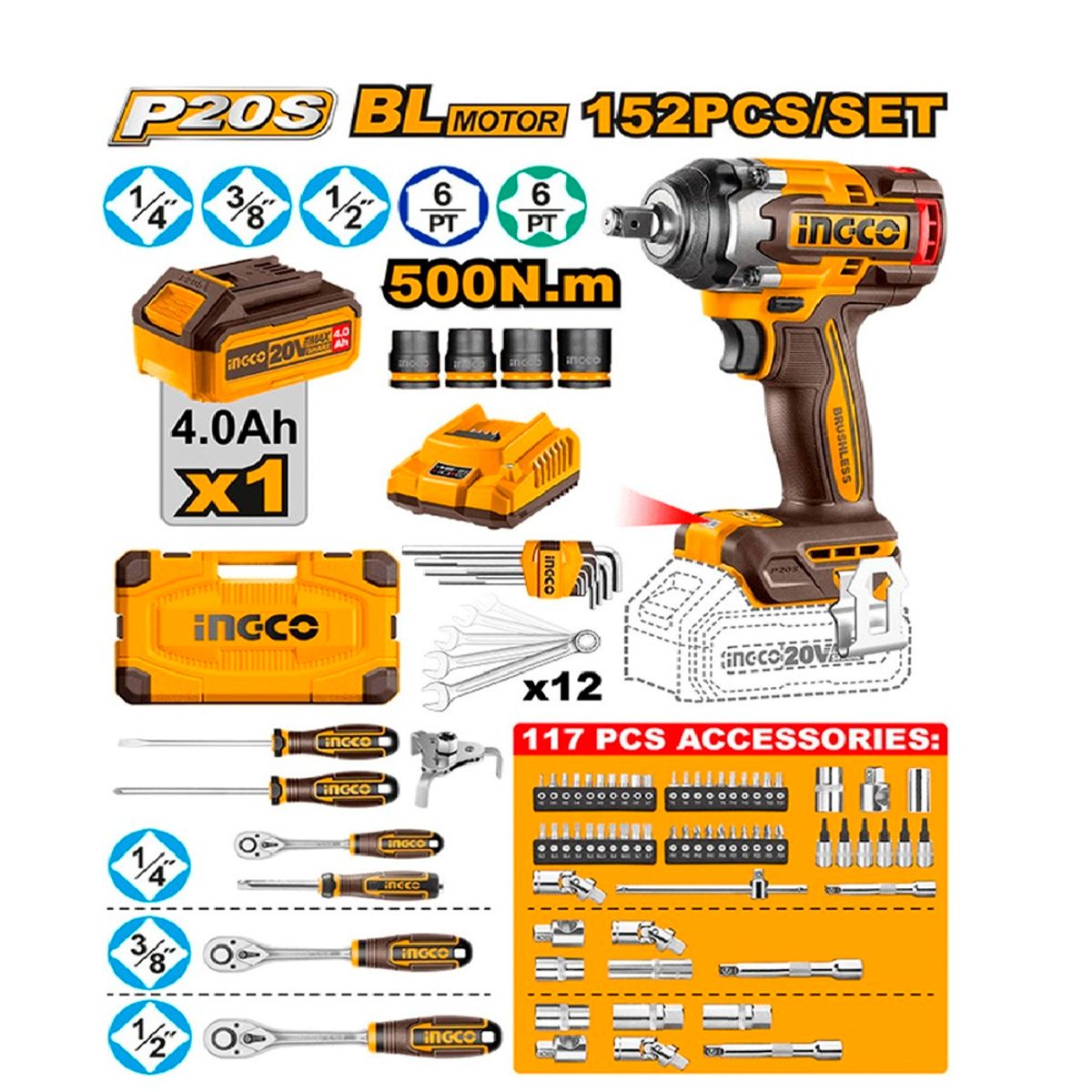 INGCO - Kit Llave de Impacto 500NM 1BAT 4AH + 152 Piezas HKTHP31521