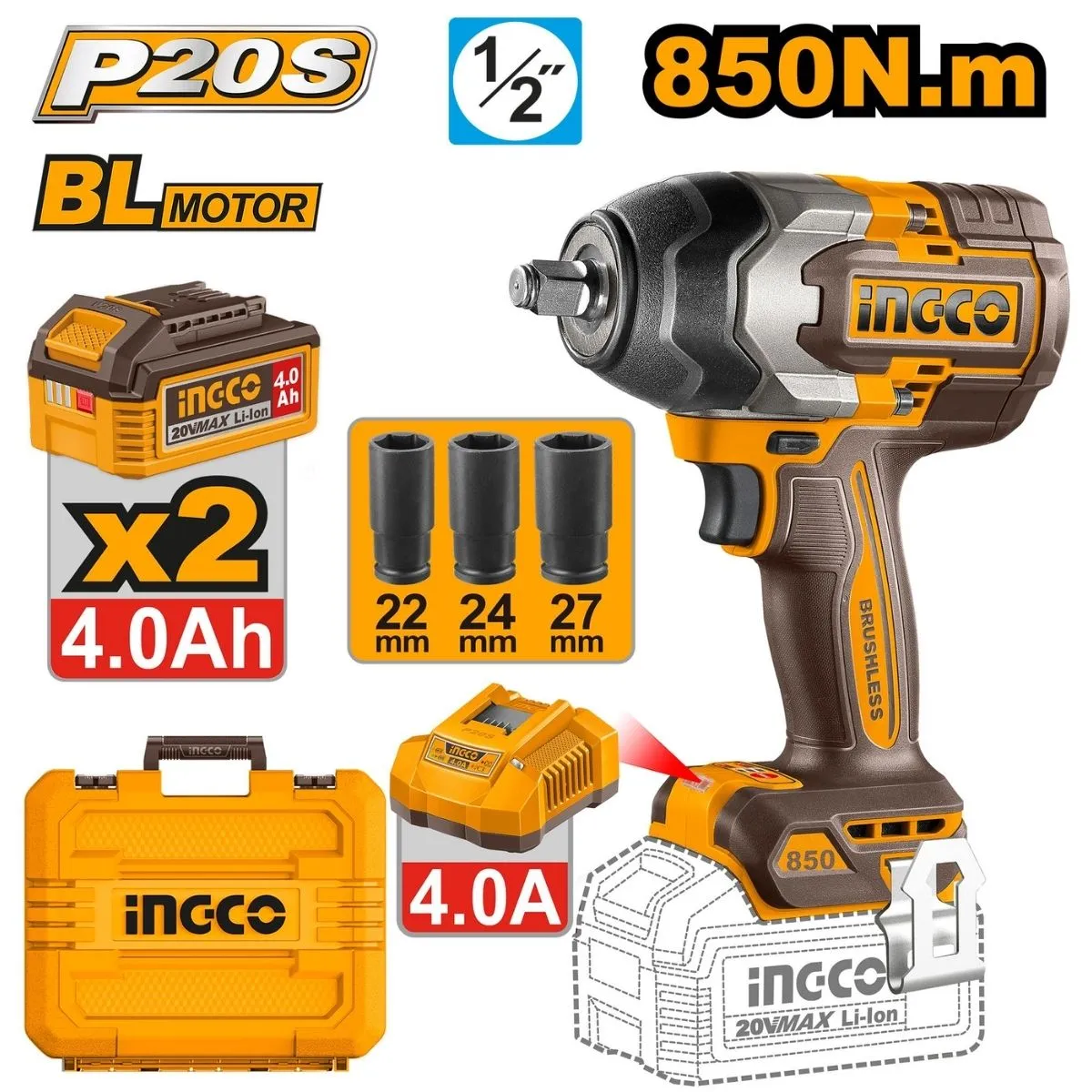 INGCO - Llave De Impacto Ingco CIWLI2085 20V Brushless 12″ 850Nm