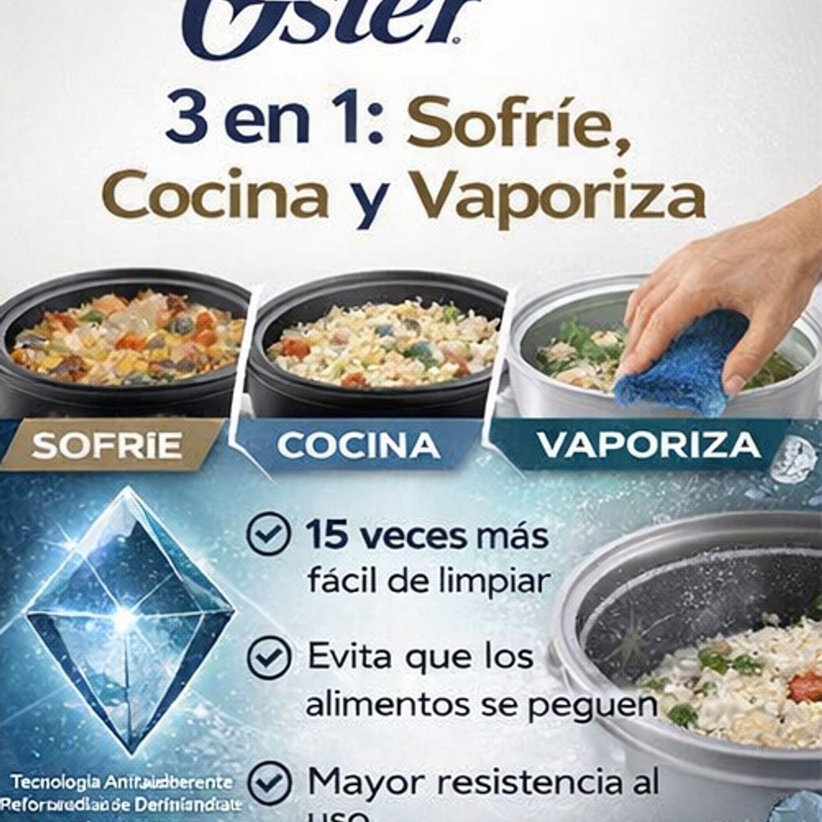 OSTER - Arrocera Oster 10 Tazas 3 en 1 con Sofrito y Vaporera - Antiadherente DiamondForce CKSTRC10DFBLK