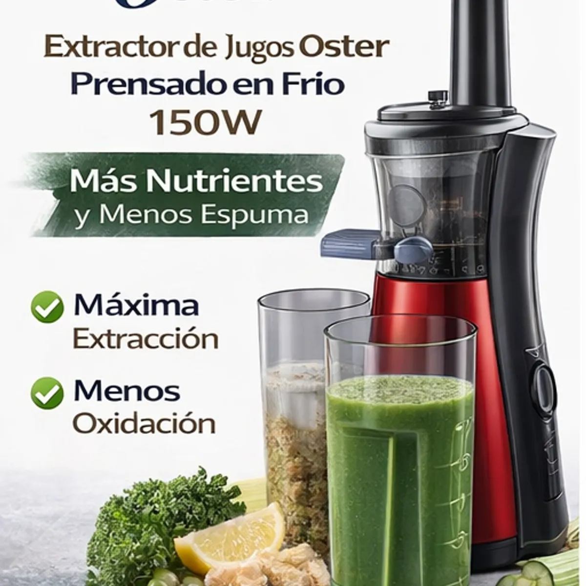 OSTER - Extractor de Jugos Oster Prensado en Frío 150W Slow Juicer Más Nutrientes y Menos Espuma FPSTJE4000R
