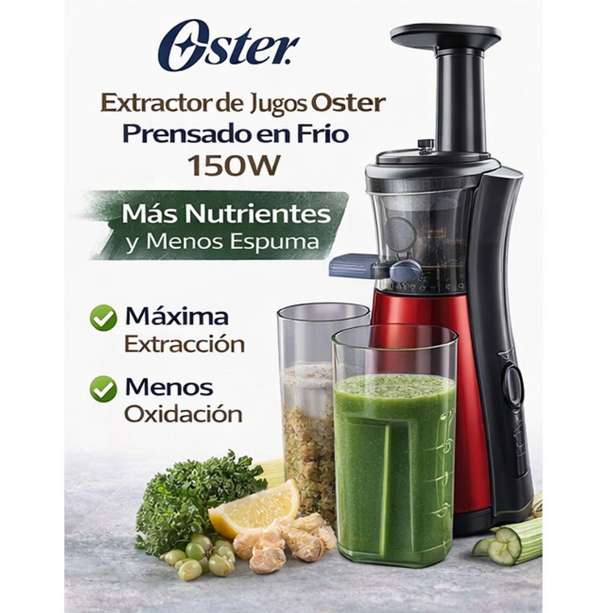 OSTER - Extractor de Jugos Oster Prensado en Frío 150W Slow Juicer Más Nutrientes y Menos Espuma FPSTJE4000R