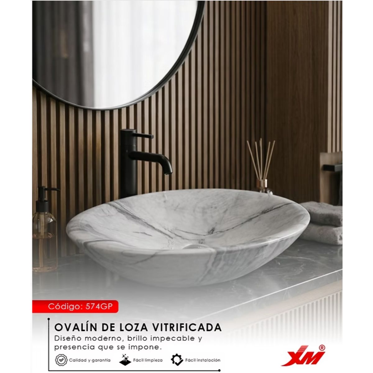 LAVATORIO DE LOZA MARMOL BLANCO CON GRIS 574GP, marca XM - Foto Principal