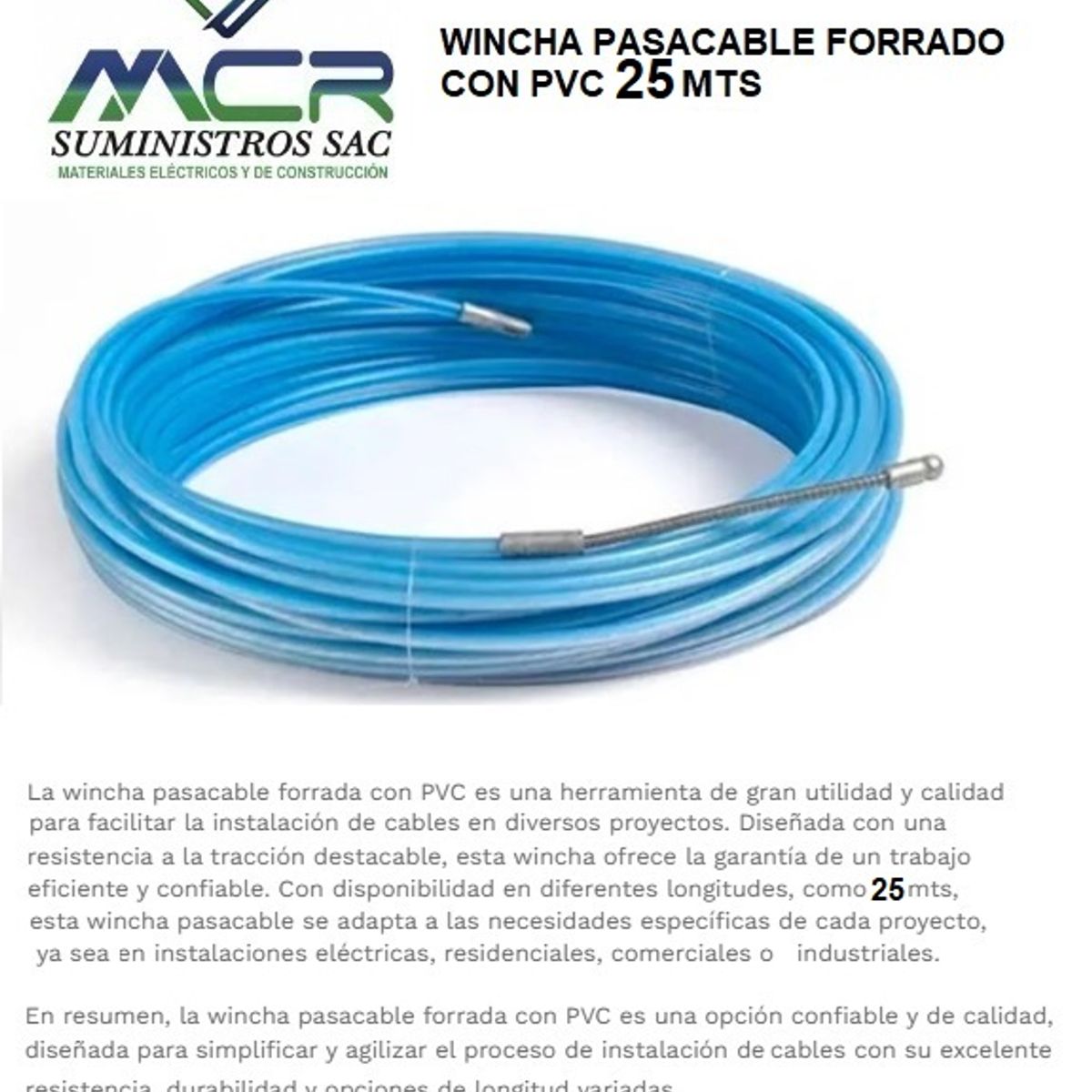 GENERICO - WINCHA PASACABLE ACERO FORRADA CON PVC AZUL 25mts