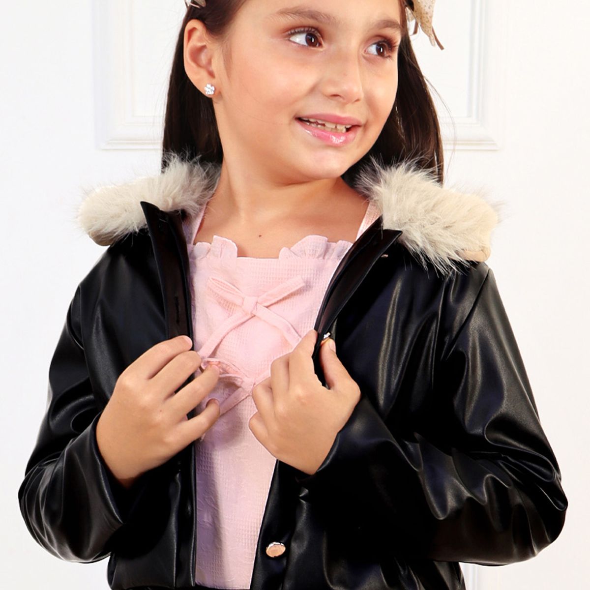 KIDS MASHMELO - Chaqueta de Cuerina Cuello de Peluche para Niñas Kids Mashmelo