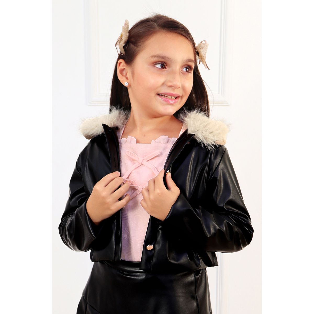 KIDS MASHMELO - Chaqueta de Cuerina Cuello de Peluche para Niñas Kids Mashmelo