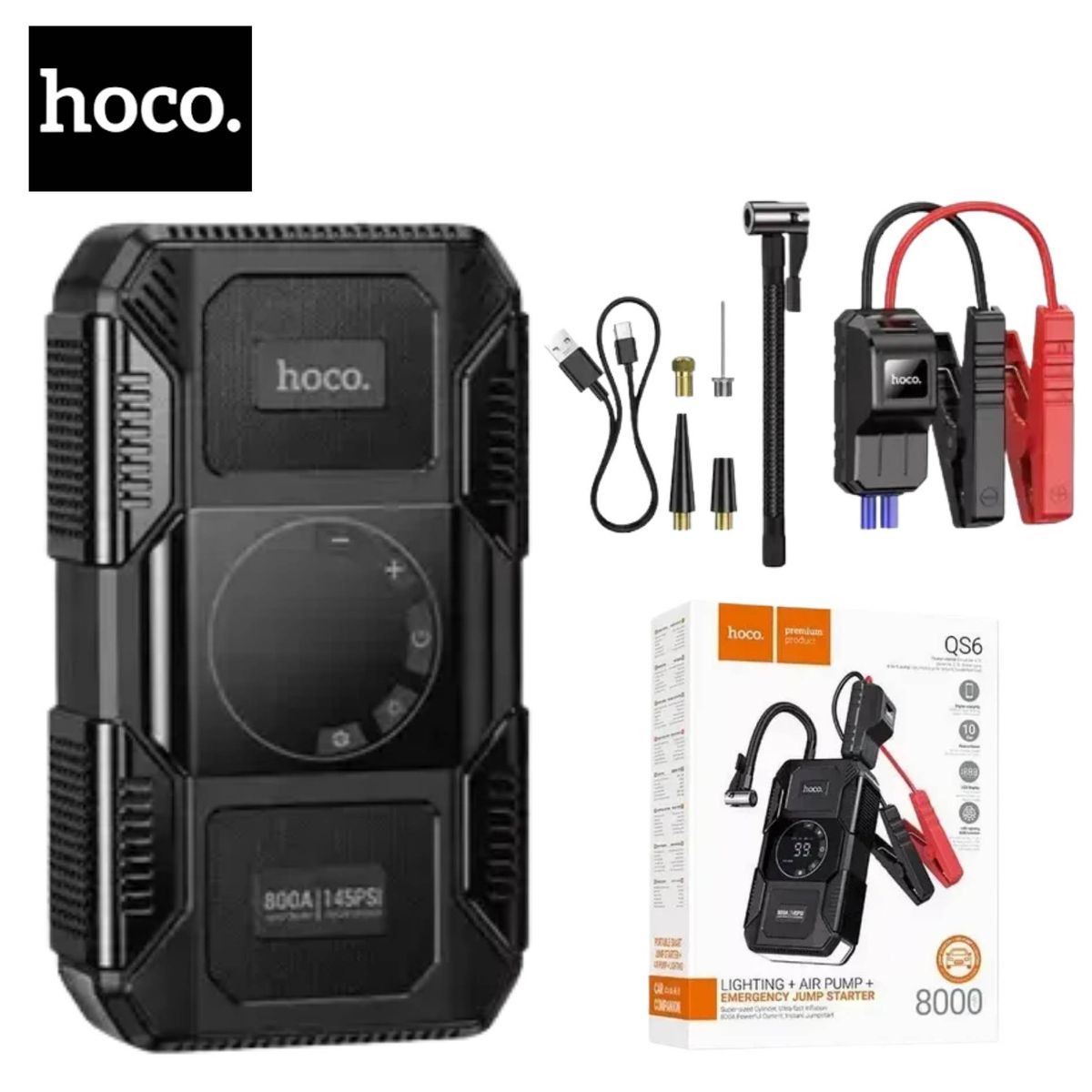 HOCO - Arrancador de Bateria de Auto Inflador Hoco Portátil Power Bank Linterna de Emergencia 150PSI