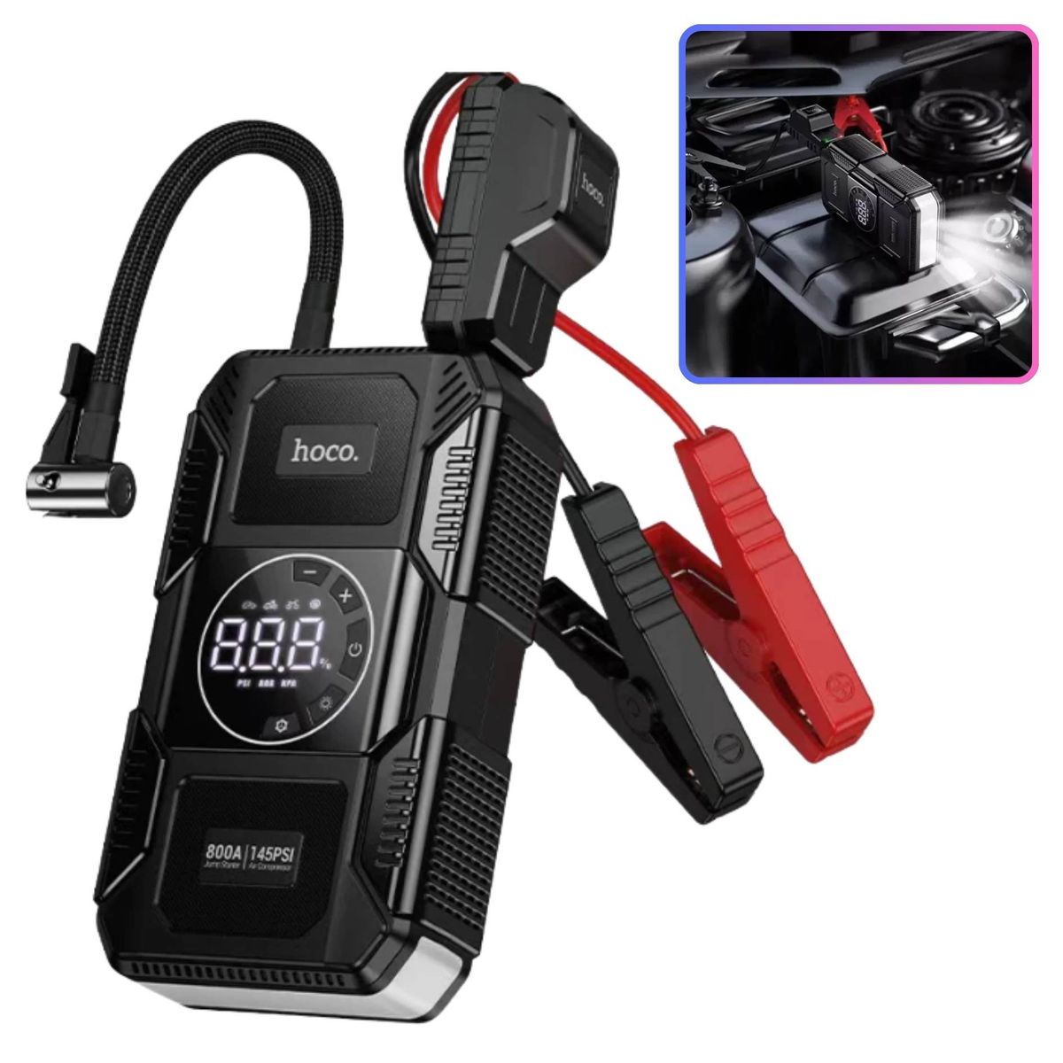 HOCO - Arrancador de Bateria de Auto Inflador Hoco Portátil Power Bank Linterna de Emergencia 150PSI