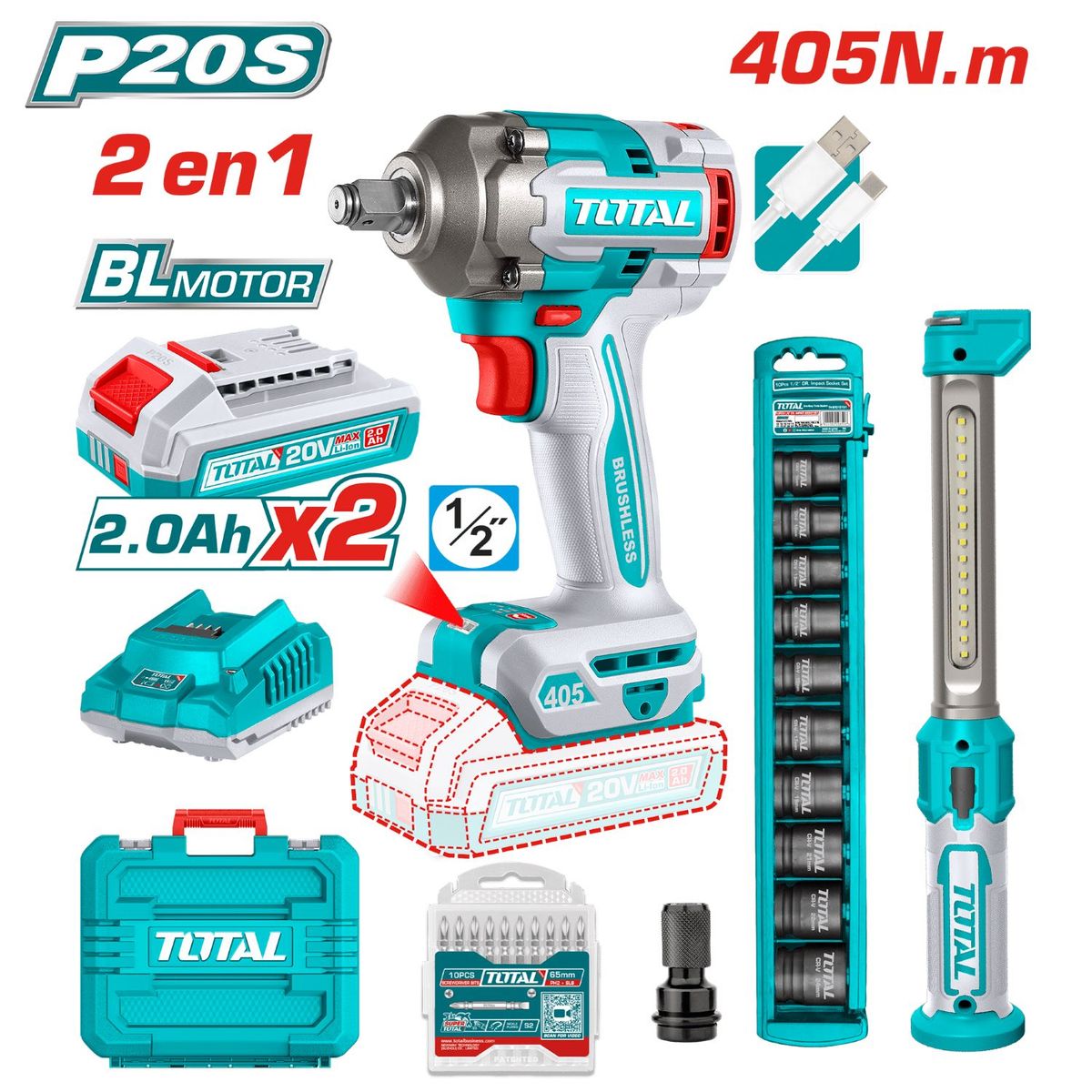 LLAVE DE IMPACTO 405NM 20V + DADOS IMPACTO +LÁMPARA-TOSLI23056, marca Total Tools - Foto Principal