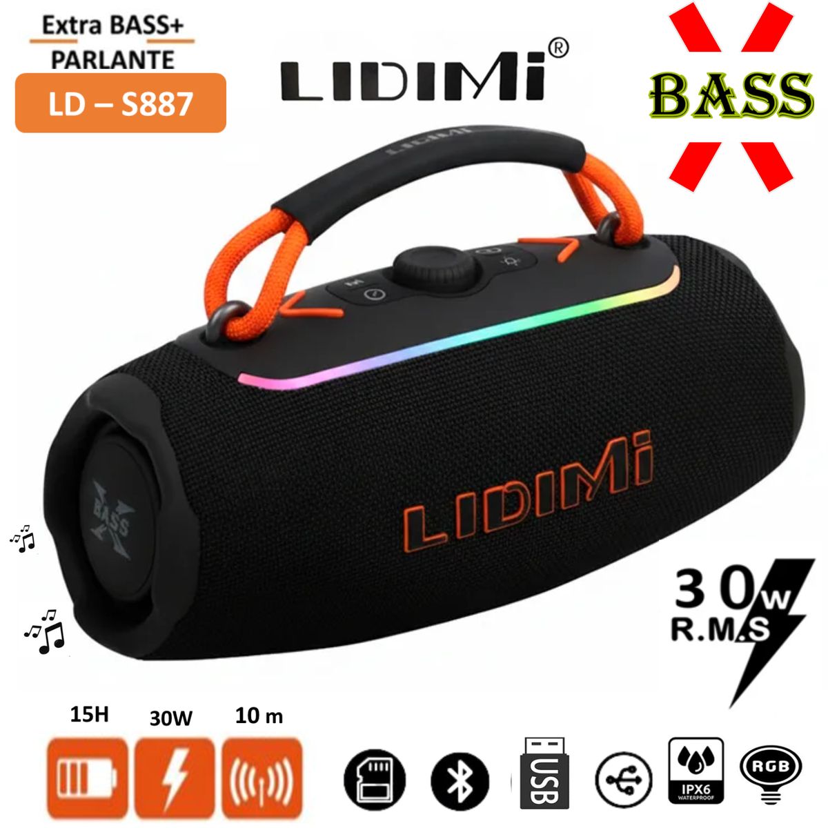 LIDIMI - PARLANTE LIDIMI LD-S887 – Portátil  30W, Bluetooth 5.3 y luces RGB