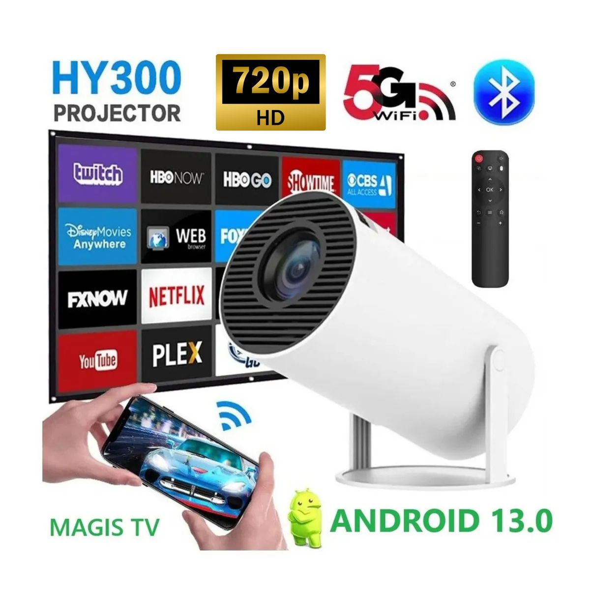 GENERICO - Proyector HY300 CALIDAD HD 720P WiFi5  Bluetooth 5.0 Android 13 Apps Instaladas