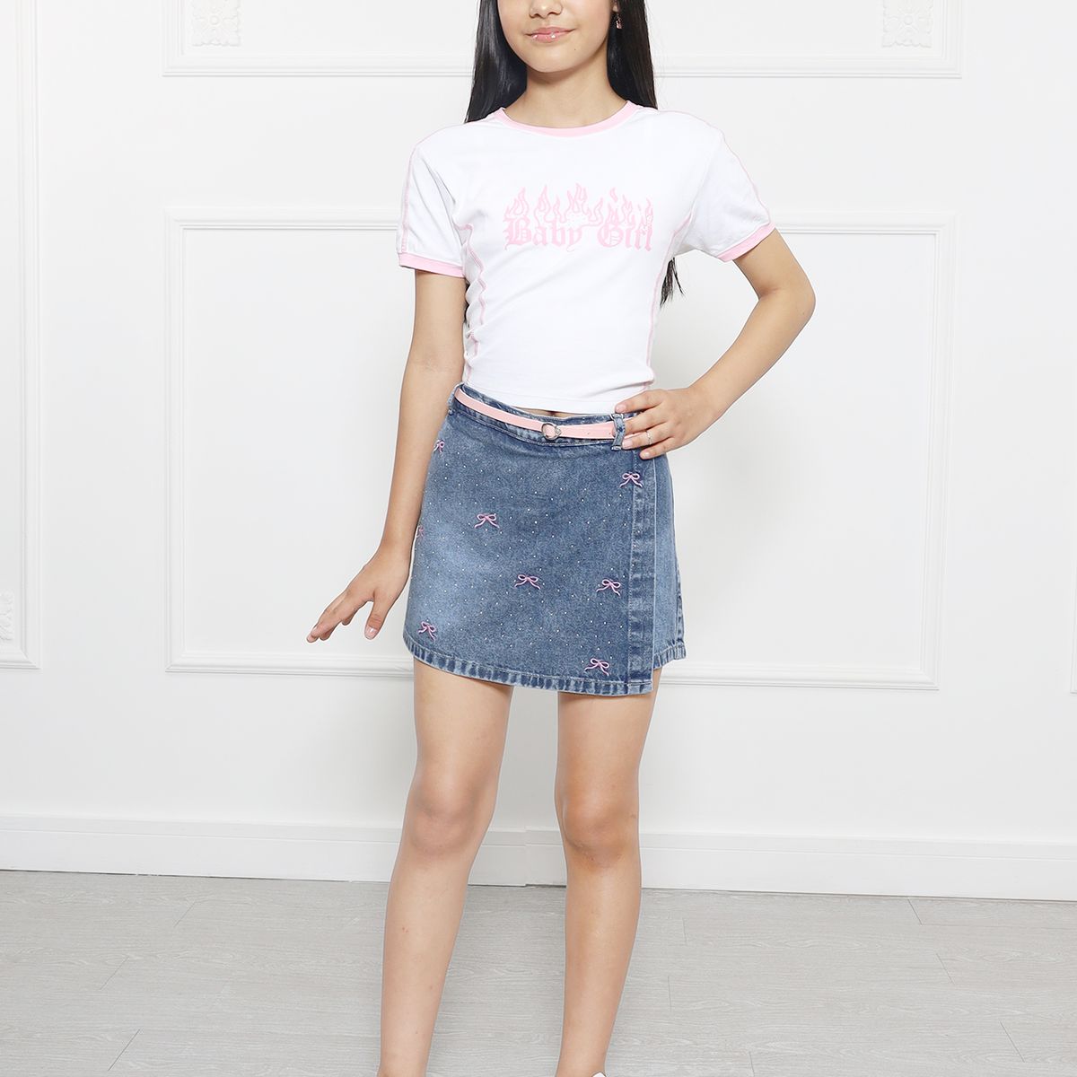 MINETTI KIDS - FALDA SHORT LAZO PINK JEAN DE NIÑA