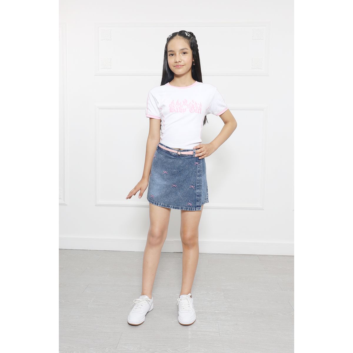 MINETTI KIDS - FALDA SHORT LAZO PINK JEAN DE NIÑA