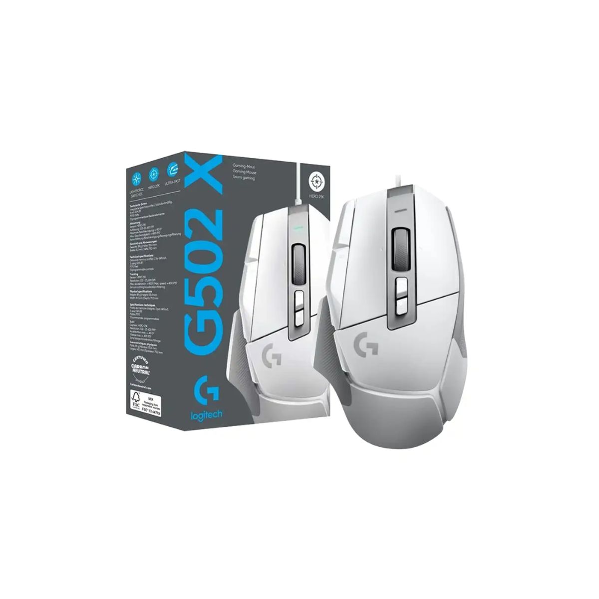 LOGITECH - MOUSE LOGITECH G502 X HERO USB 25K DPI LIGHTFORCE CON CABLE BLANCO