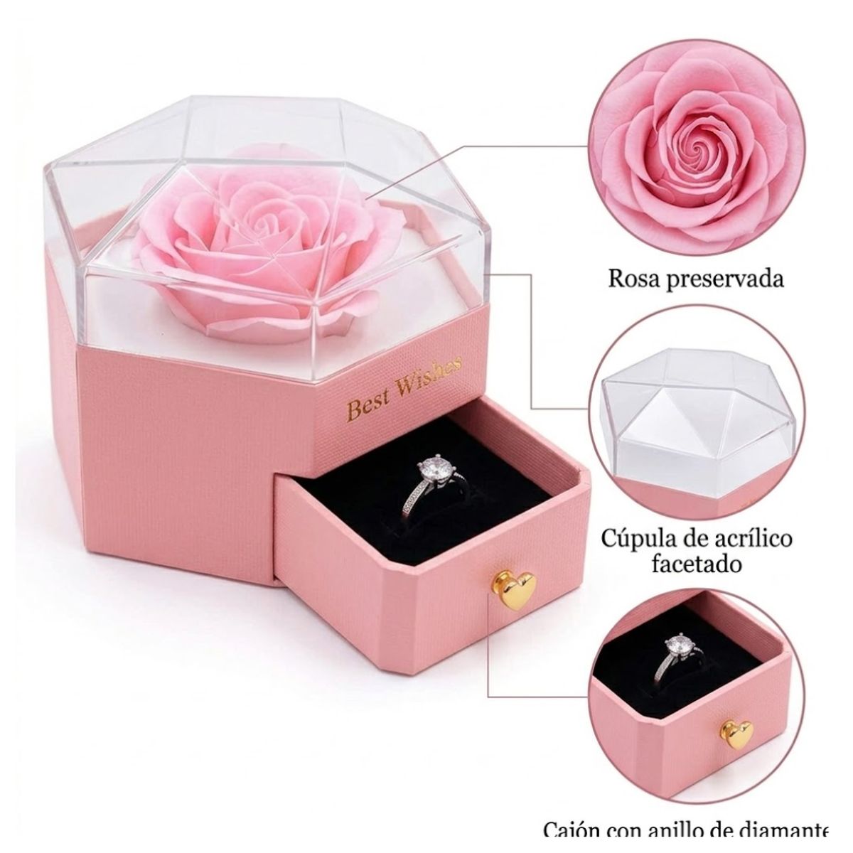 Cofre de Rosa Eterna con Joyería Sorpresa Colla Aretes y Anillo Regalo Perfecto, marca GENERICO - Foto Principal