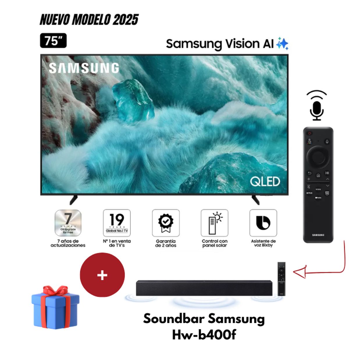 SAMSUNG - Televisor Samsung 75 QLED QN75Q7FAAGXPE Vision Ai Smart Tv 2025 + Soundbar Samsung Hw-b400f