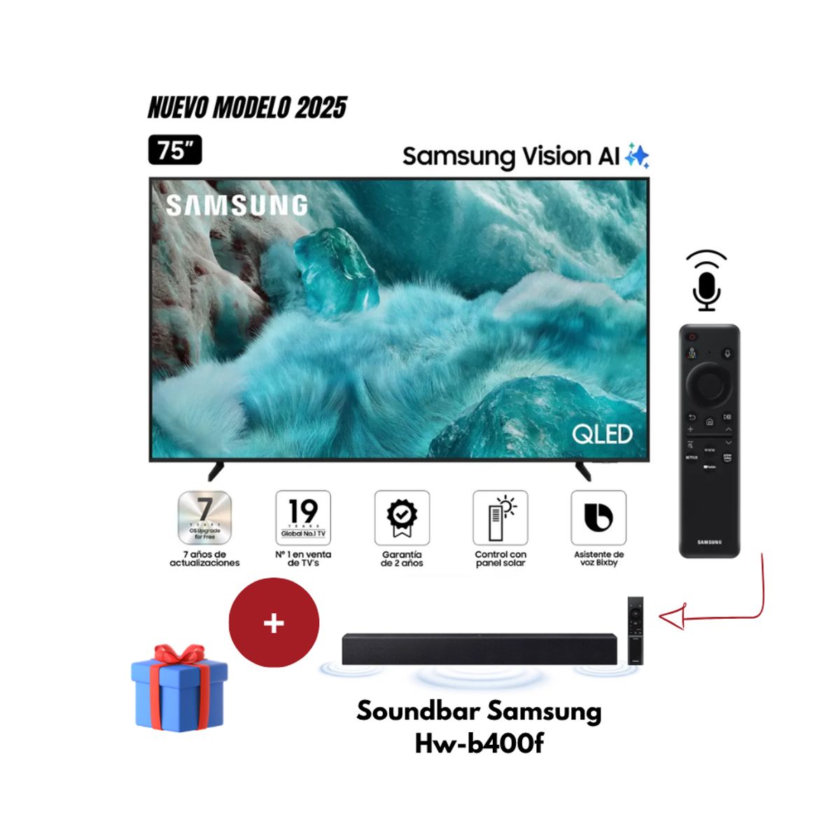 SAMSUNG - Televisor Samsung 75 QLED QN75Q7FAAGXPE Vision Ai Smart Tv 2025 + Soundbar Samsung Hw-b400f
