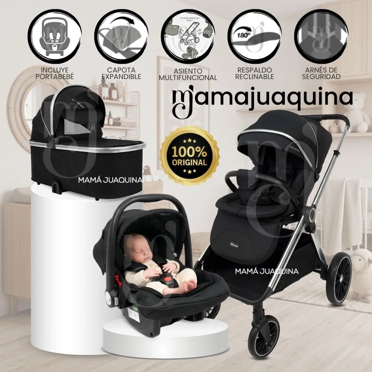 Baby - Coche Moisés Travel System «TAURO MAX» con Sistema Adaptable & Porta Bebé Black