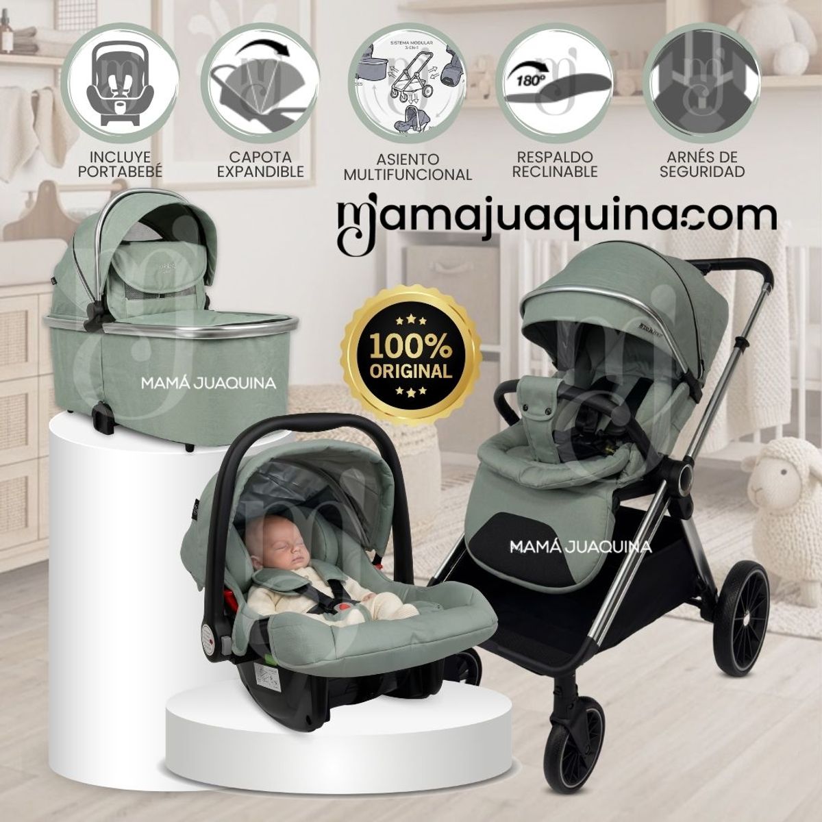 Baby - Coche Moisés Travel System «TAURO MAX» con Sistema Adaptable & Porta Bebé Green