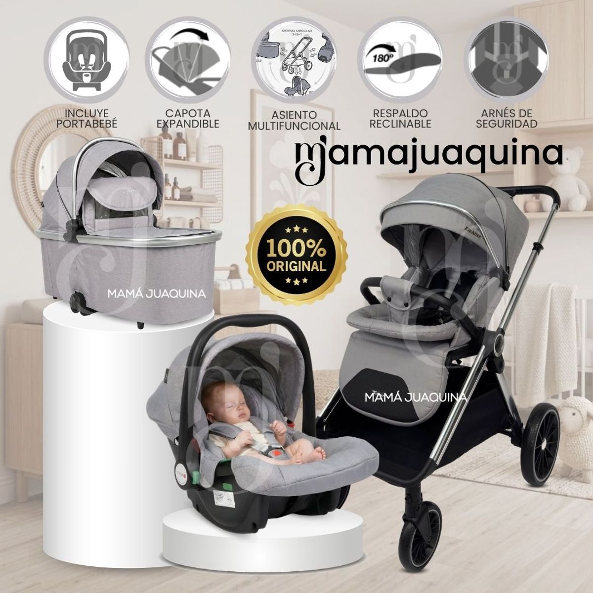 Baby - Coche Moisés Travel System «TAURO MAX» con Sistema Adaptable & Porta Bebé Gray