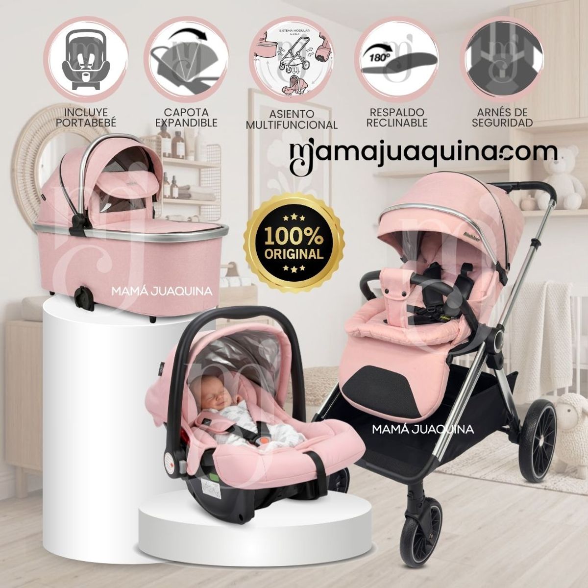 Baby - Coche Moisés Travel System «TAURO MAX» con Porta Bebé Pink