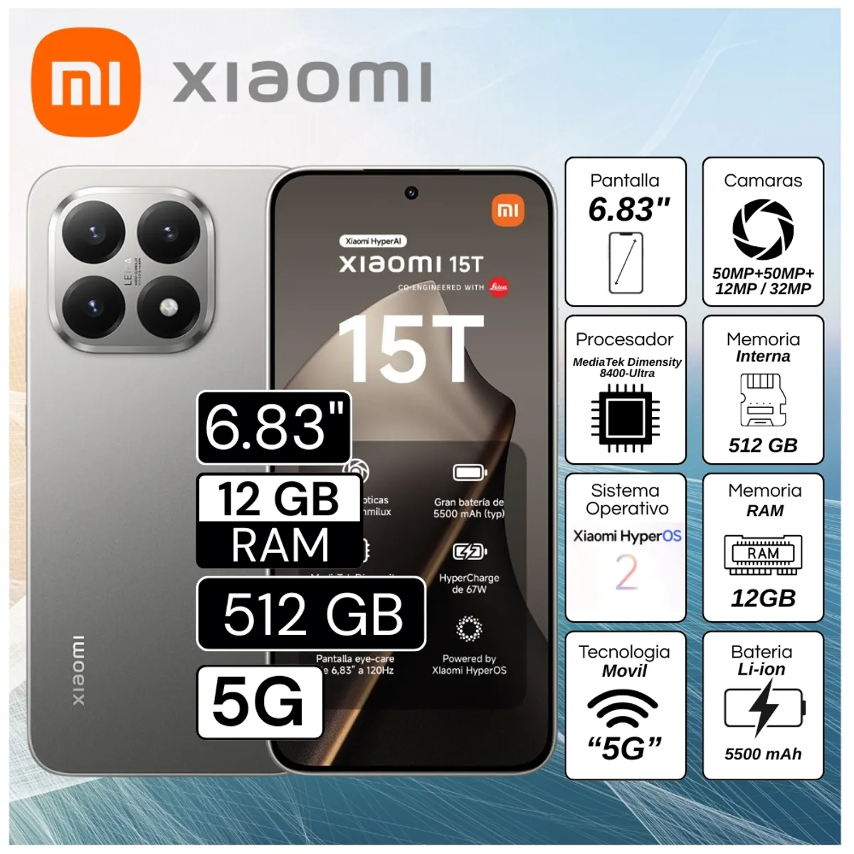 XIAOMI - Celular Xiaomi 15T 6.83"  Pulg. 12GB RAM 512GB Xiaomi HyperOS 2 -  Gris