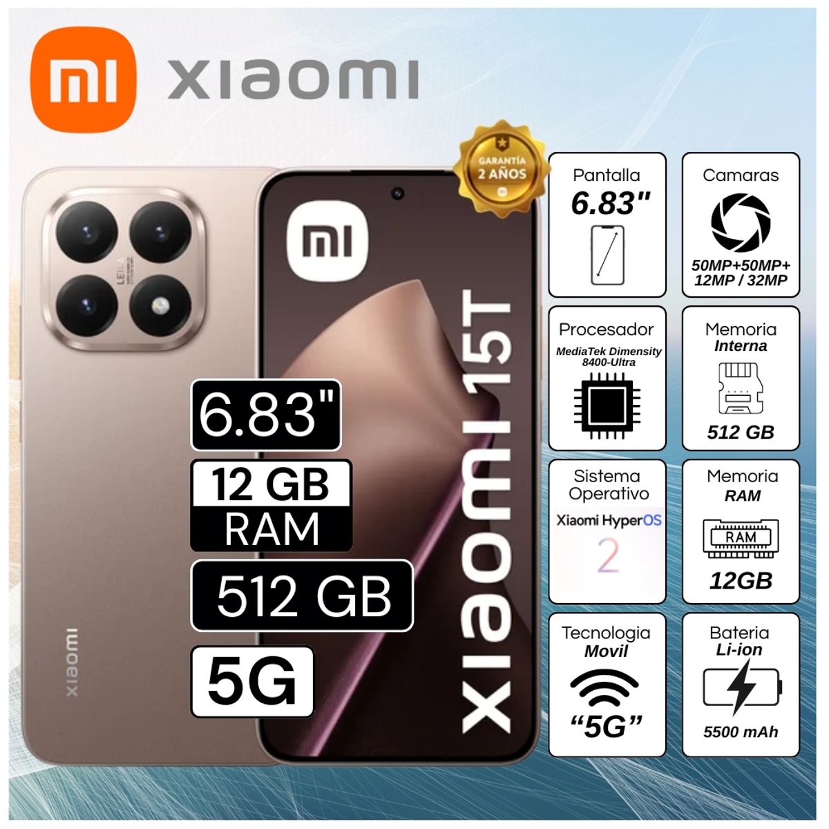 XIAOMI - Celular Xiaomi 15T 6.83"  Pulg. 12GB RAM 512GB Xiaomi HyperOS 2 -  Oro Rosa
