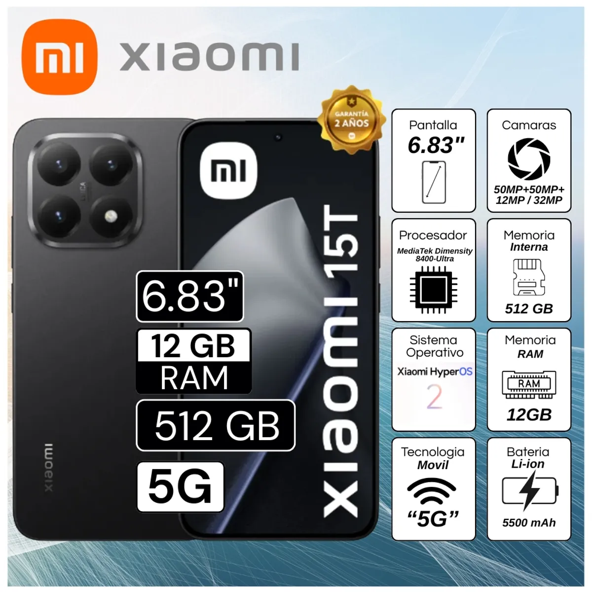 Celular Xiaomi 15T 6.83"  Pulg. 12GB RAM 512GB Xiaomi HyperOS 2 -  Negro, marca XIAOMI - Foto Principal