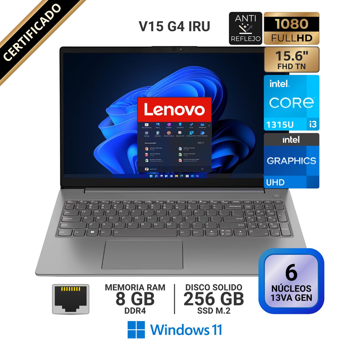 LENOVO - Laptop Lenovo V15 G4 IRU, 15.6" FHD TN, Core i3 1315U 13va GEN, RAM 8GB, SSD 256GB, Windows 11 Pro