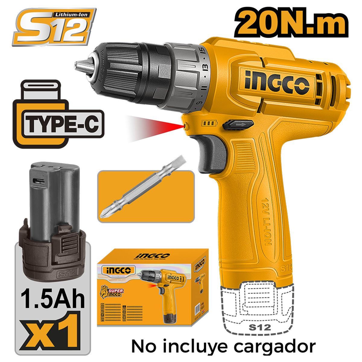 INGCO TOOLS - TALADRO ATORNILLADOR INALÁMBRICO INGCO 12V 20NM CDLI12456