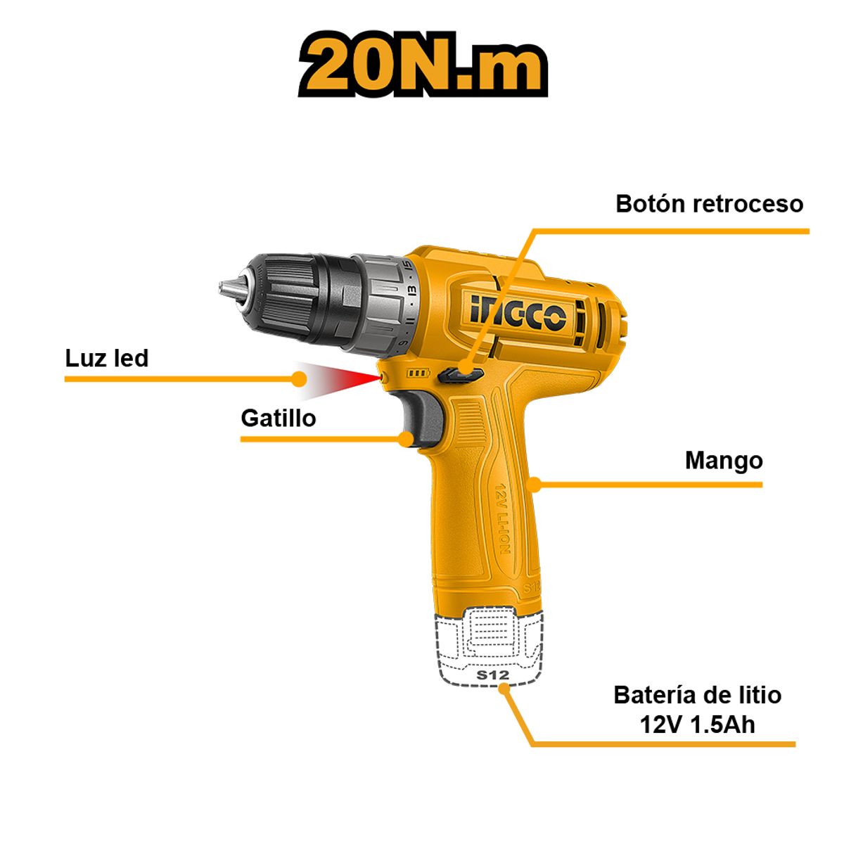 INGCO TOOLS - TALADRO ATORNILLADOR INALÁMBRICO INGCO 12V 20NM CDLI12456