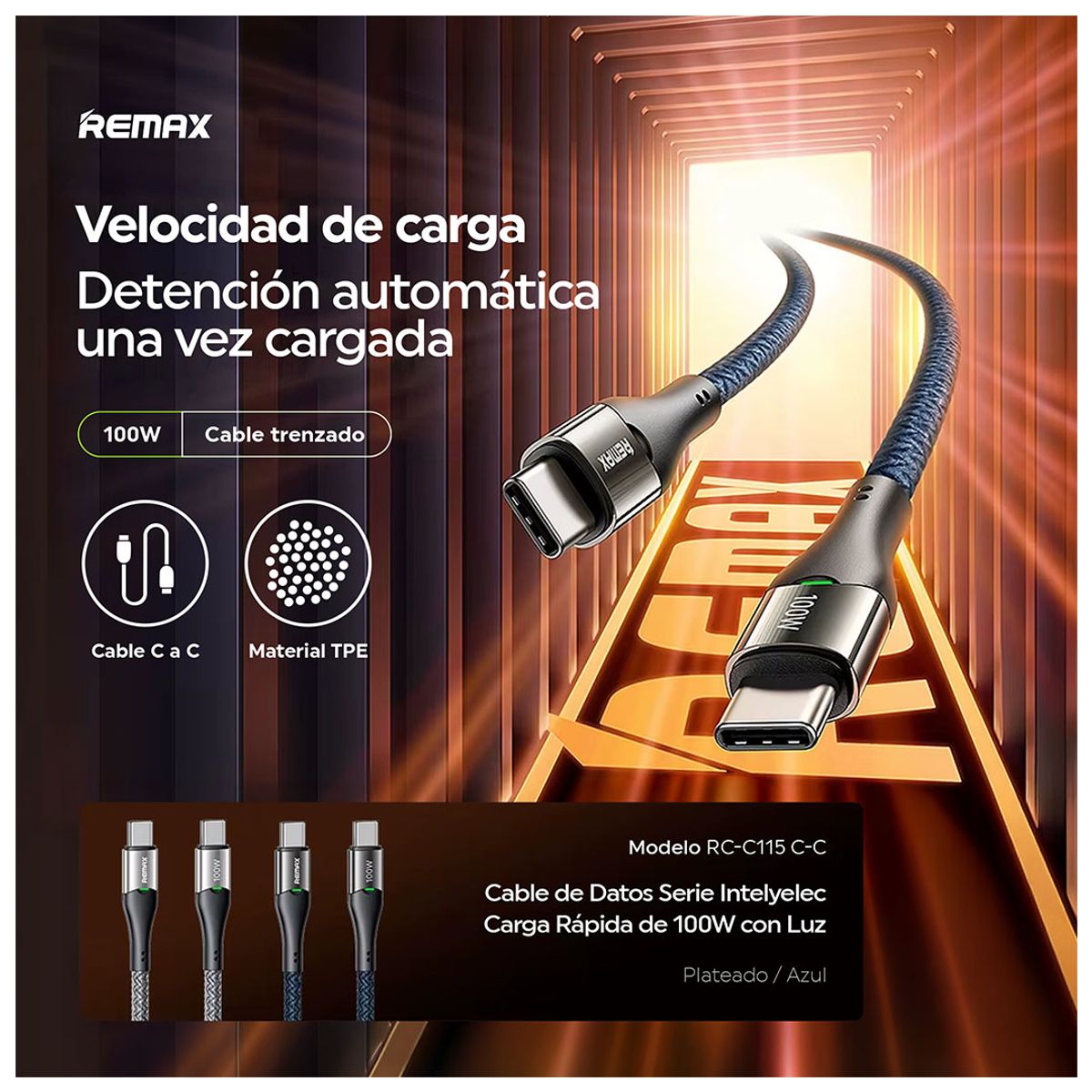 REMAX - Cable Tipo C 100W Carga Rápida Reforzado Enmallado de Alta Durabilidad
