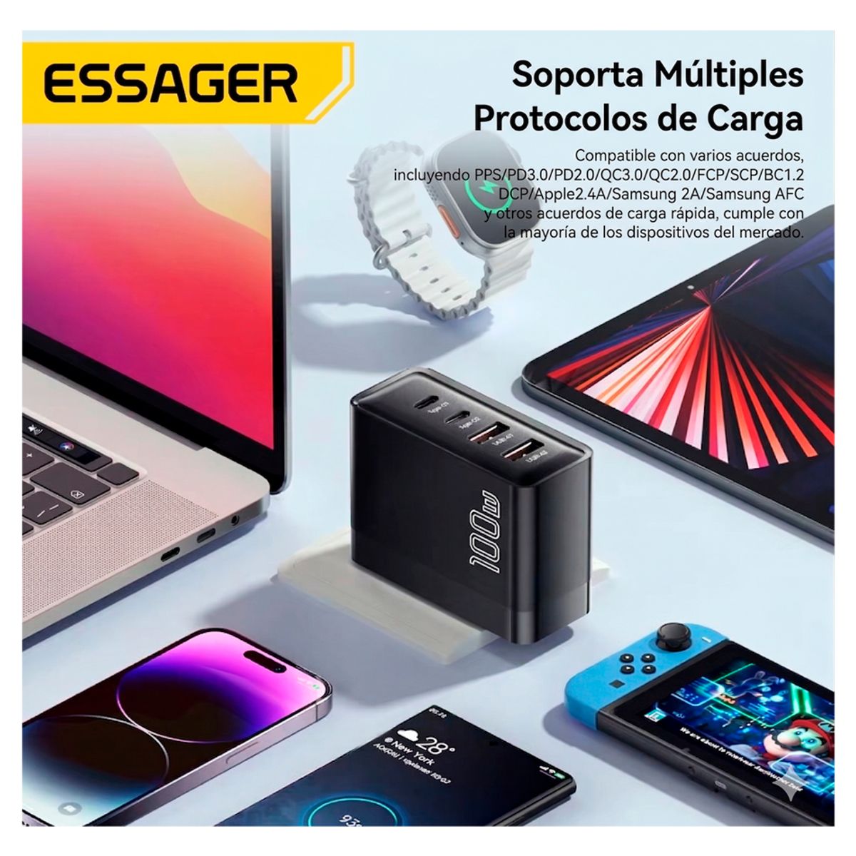 ESSAGER - Cargador de Pared Essager 100W Carga Rápida PD QC USB A C essager