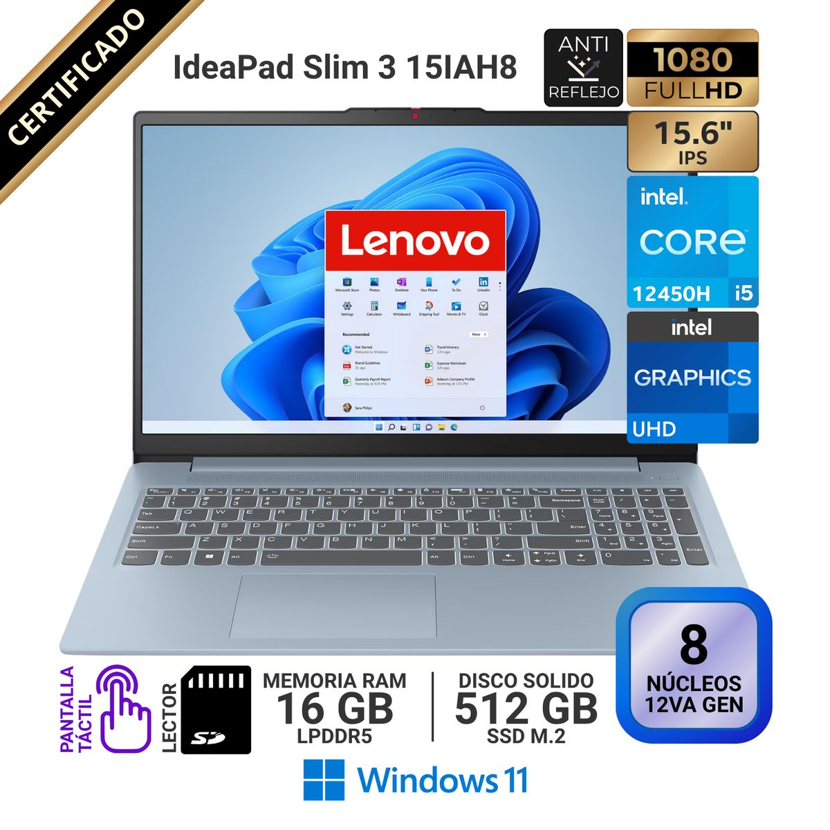 LENOVO - Lenovo IdeaPad Slim 3 15IAH8, Táctil 15.6" FHD IPS, Core i5 12450H, RAM 16GB, SSD 512GB, Win 11 Pro
