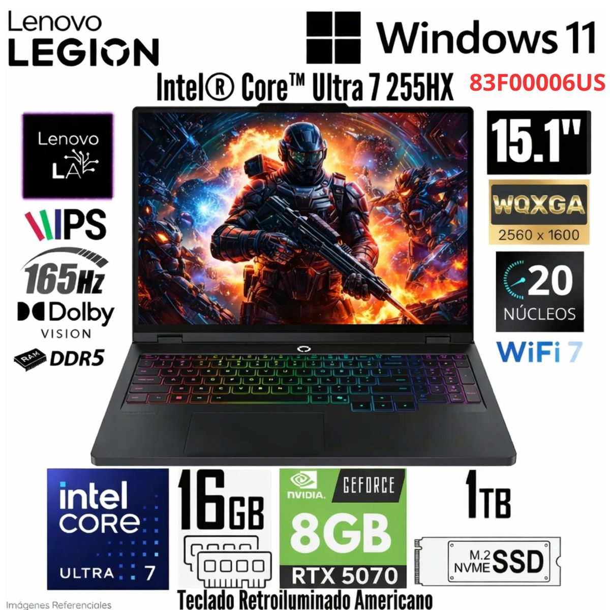 LENOVO - Laptop Lenovo LEGION 5 15IAX10 Intel Core Ultra 7 255HX 16GB RAM 1TB SSD RTX 5070-8GB 15.1" WQXGA