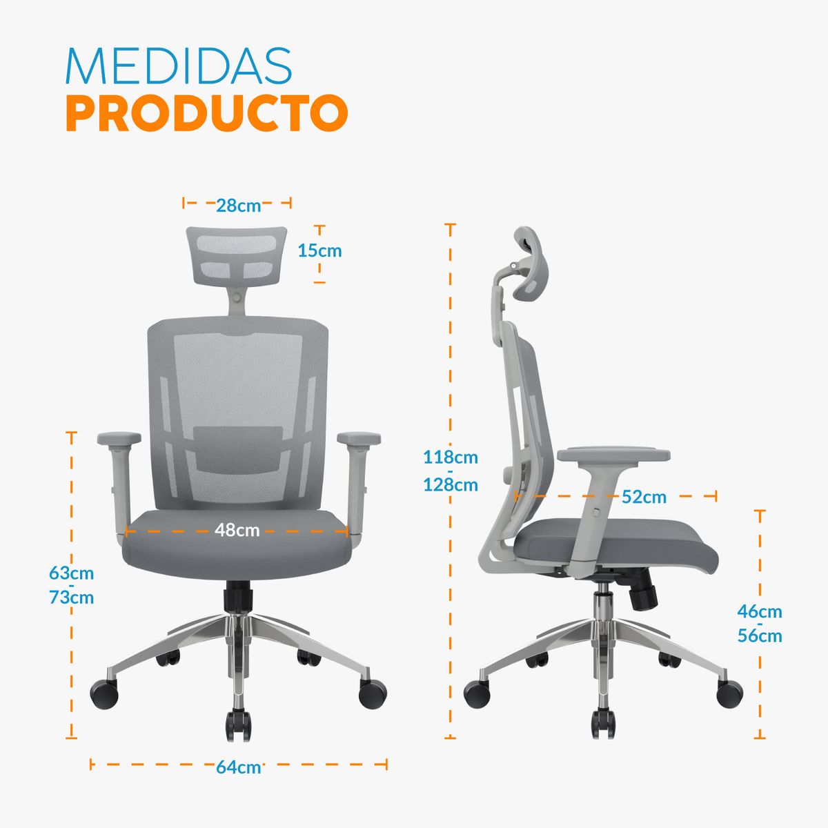 BONNO - Silla de Escritorio con Cabecero Delphi II Gris Bonno