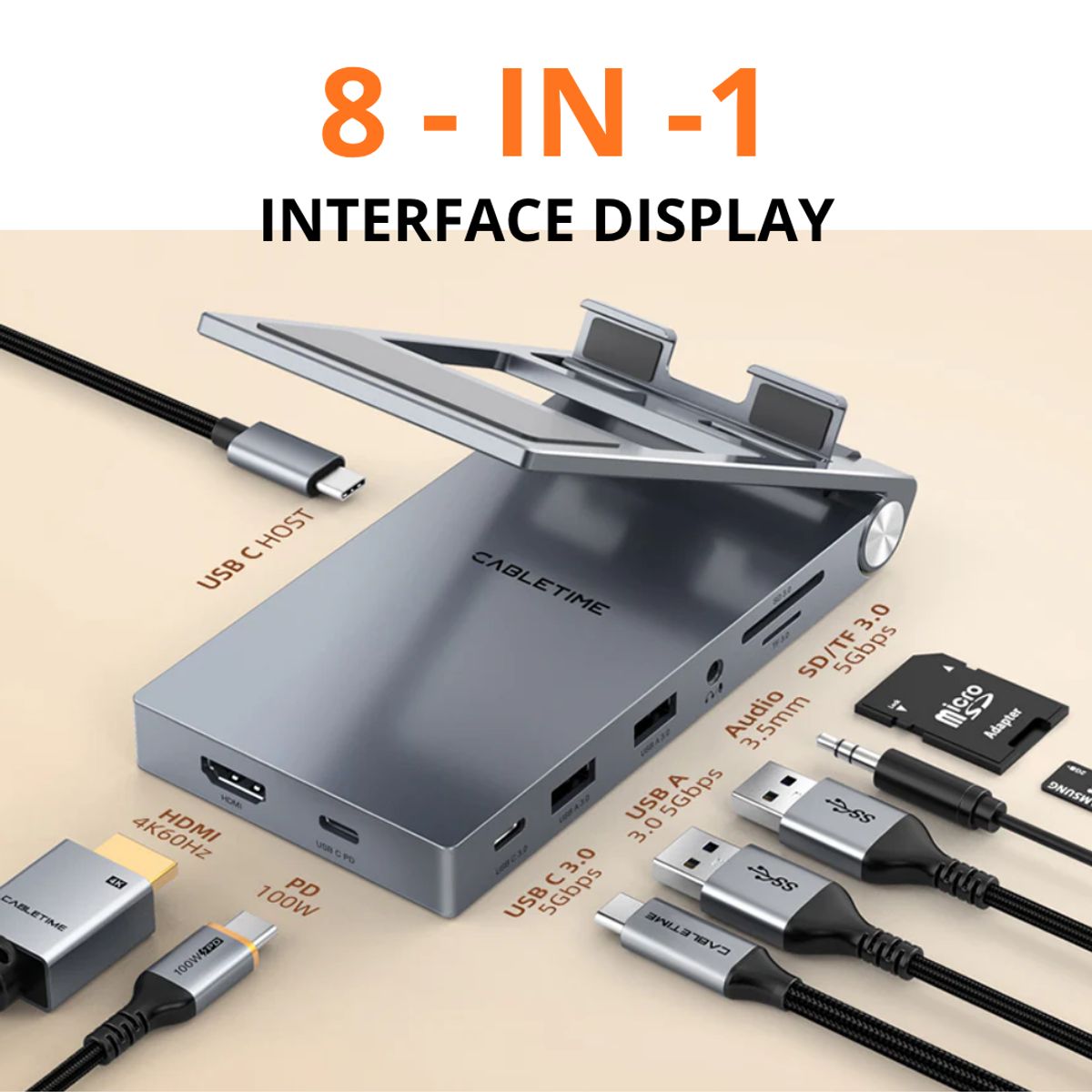 GENERICO - Soporte Plegable Hub 8 en 1 USB-C Cabletime HDMI 4K PD 100W iPad Pro Android Tablet Laptop