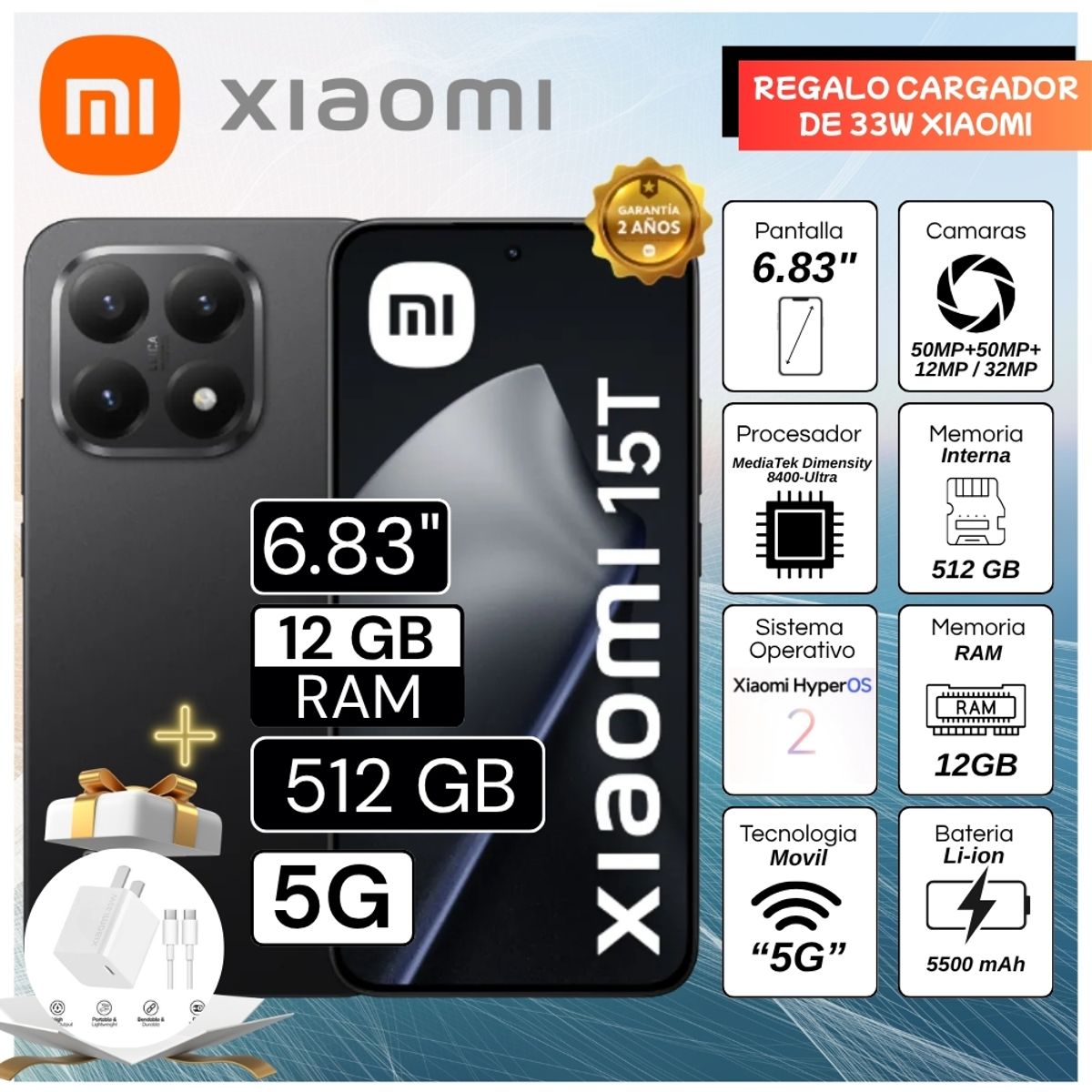 XIAOMI - Celular Xiaomi 15T 6.83"  Pulg. 12GB RAM 512GB Xiaomi HyperOS 2 -  Negro