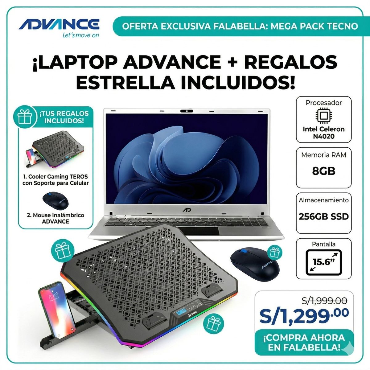 ADVANCE - Intel Celeron N4020 - 8GB RAM - 256GB SSD - 15.6 Pulgadas + Cooler Teros + Mouse Inalámbrico