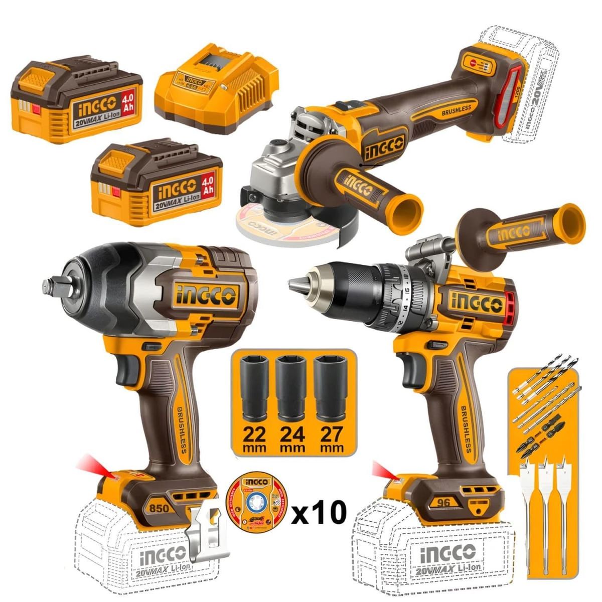 INGCO - Taladro percutor 96nm + Llave de impacto 850nm + Amoladora 20v Ingco