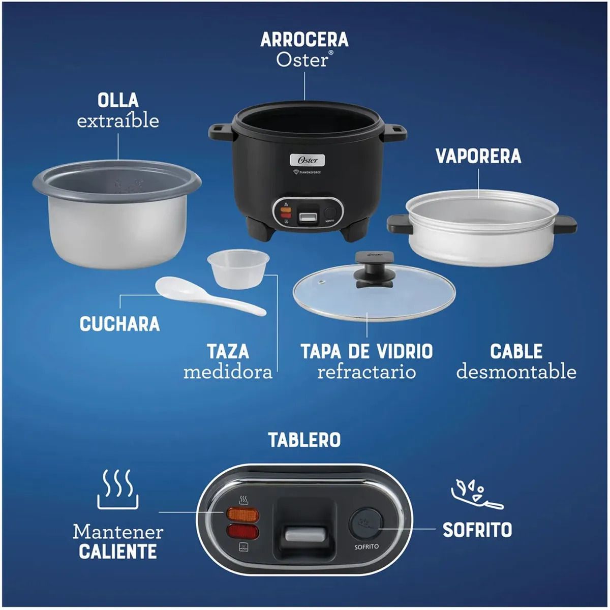 OSTER - Olla Arrocera Oster 1.8L 3 en 1 Función de Sofrito Vaporera Negro