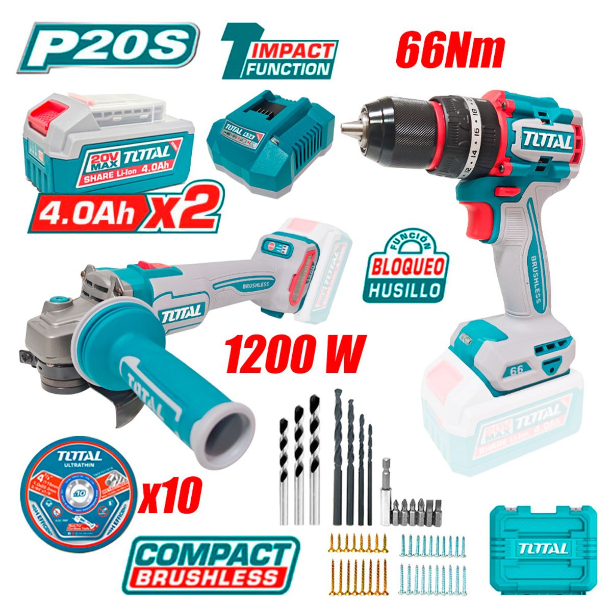 TOTAL - Combo Total TCKLI20256 Taladro Atornillador Percutor 66Nm + Amoladora 4.5″ 1200W 20V Brushless