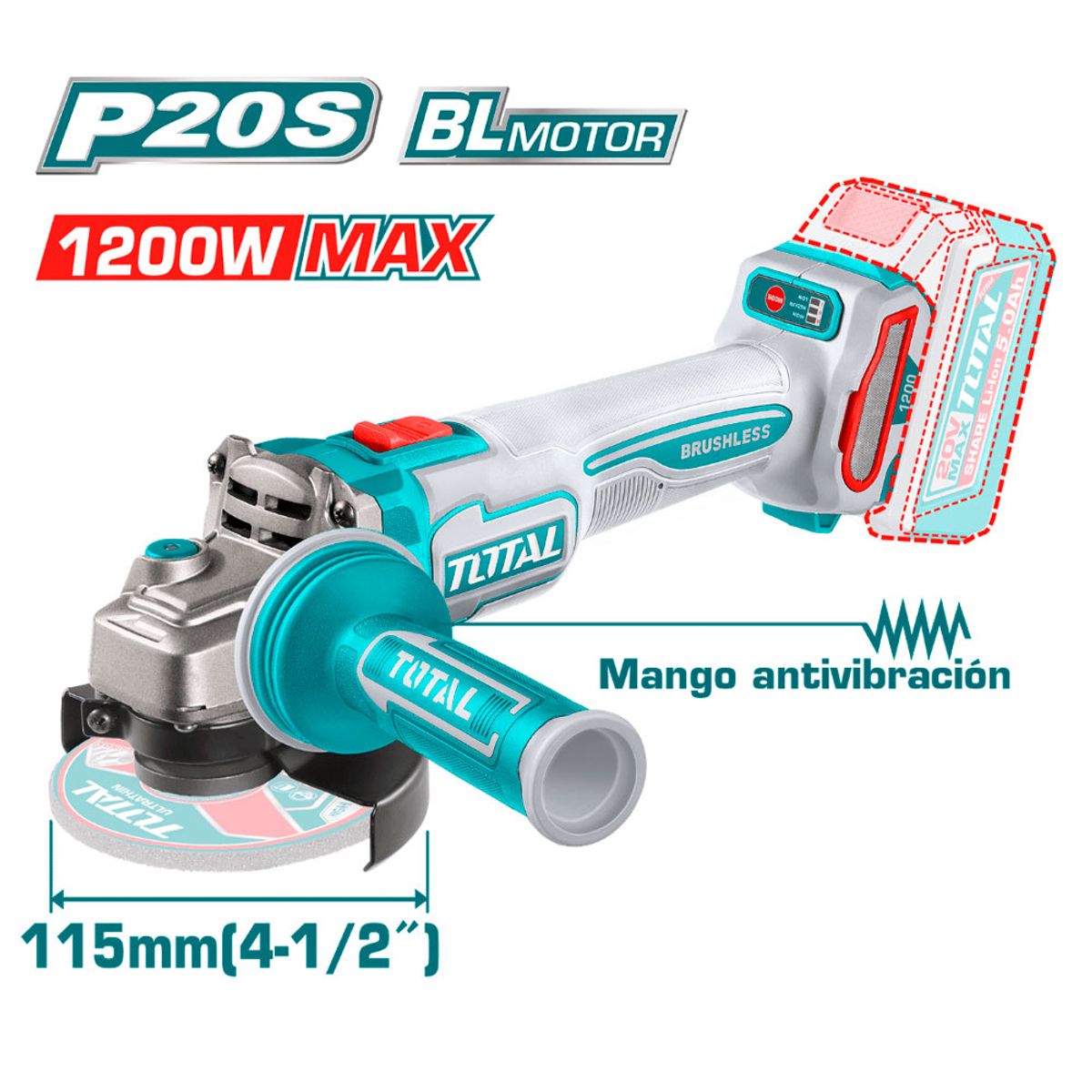 TOTAL - Combo Total TCKLI20256 Taladro Atornillador Percutor 66Nm + Amoladora 4.5″ 1200W 20V Brushless