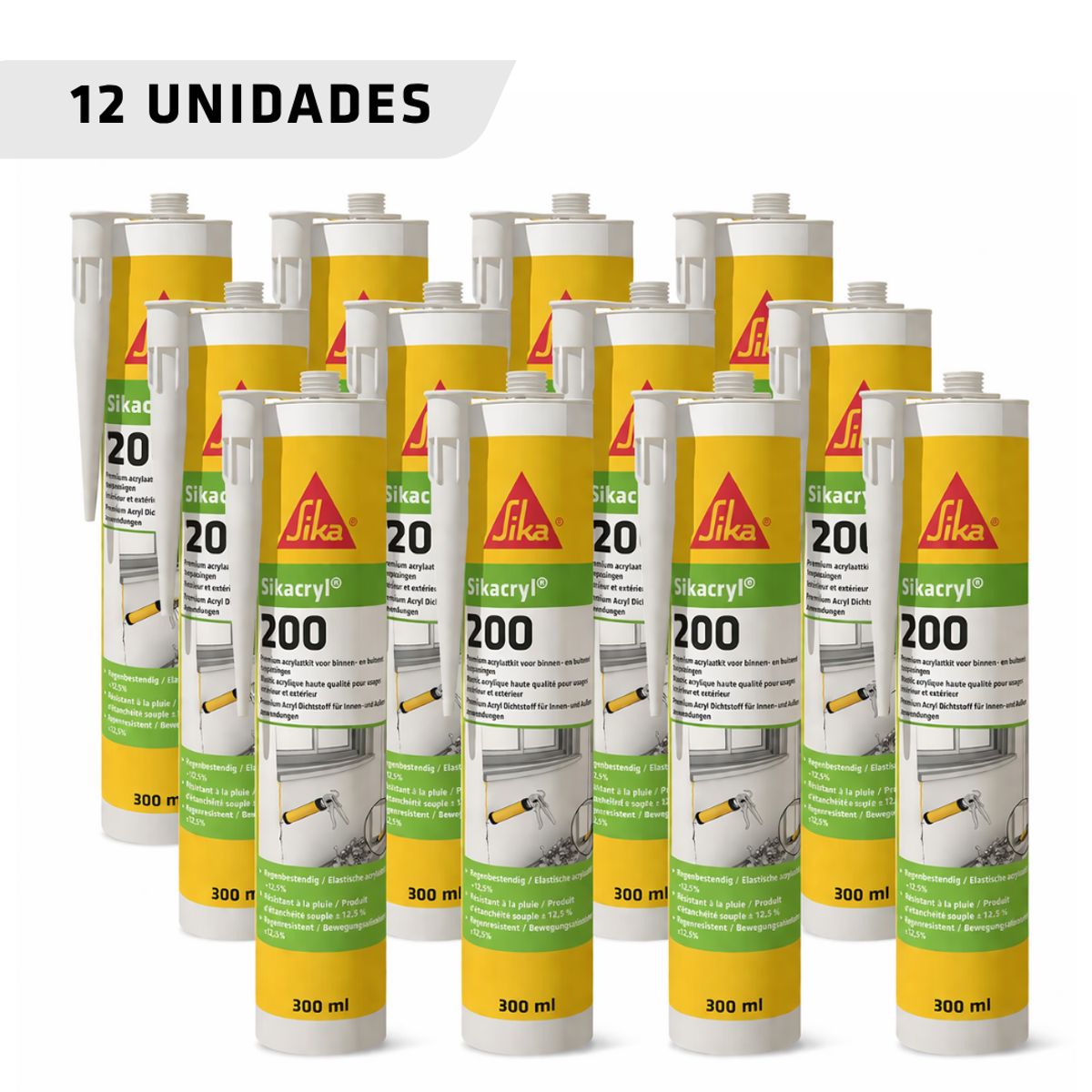 SIKA - Pack de 12 unidades de Sicacryl 200 Blanco 300 ml/ sellante acrilico, resistente a la lluvia