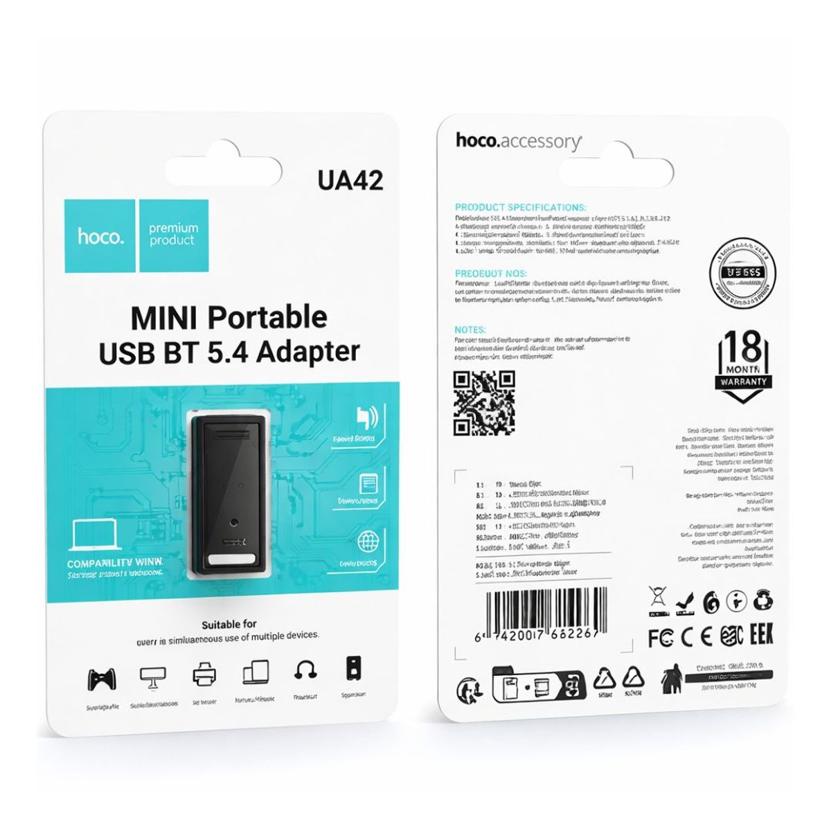 HOCO - Adaptador USB Bluetooth 5.4 Hoco UA42 Portátil para PC Laptop Audífonos Teclado Mouse e Impresora